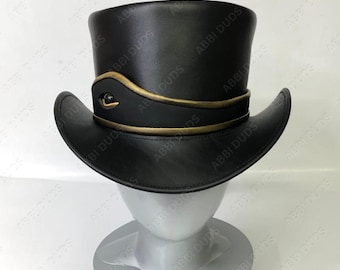 Handgefertigter schwarzer Lederzylinder mit Goldverzierungen, Steampunk-Gothic-Cosplay