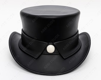 Handgefertigter schwarzer Leder-Steampunk-Zylinder im Western-Gothic-Viktorianischen Stil mit weißen Concho-Akzenten