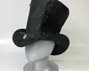 Handcrafted Black Leather Top Hat, Skull Band, Gothic Steampunk Style