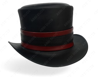 Black and Red Leather Top Hat – Handmade Steampunk Gothic Victorian Hat for Men & Women