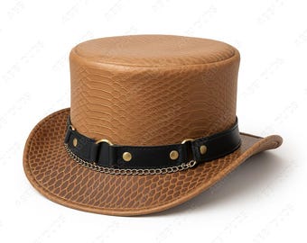 Tan Crocodile Embossed Leather Top Hat Steampunk Western Chain Hat