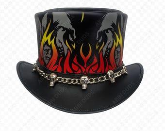 Handgemachter schwarzer Leder Zylinder - Schädel Kette Steampunk Flamme Design Biker Hut