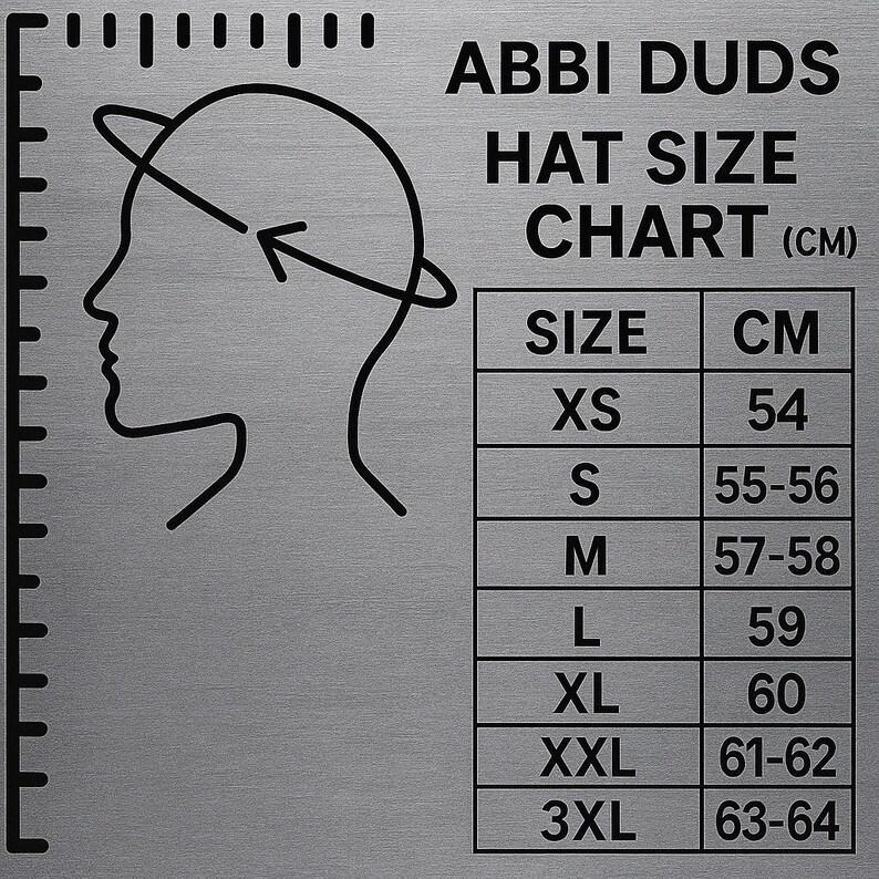 May include: A silver hat size chart from Abbi Duds. The chart includes a diagram of a head with a measuring line, and a table with sizes XS to 3XL, corresponding to head circumferences from 54 cm to 64 cm.