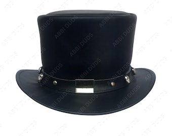 Schwarzer Leder Steampunk Zylinder - Handgemachter Gothic Totenkopf Steampunk Biker Hut