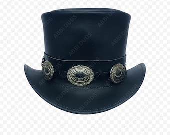 Schwarzer Leder Steampunk Zylinder Hut Handgemachter Gothic Viktorianischer Hut mit Antiken Silber Conchos