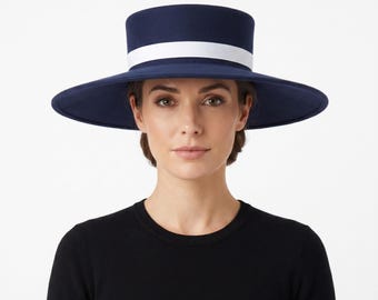 Melania Trump inspirierter marineblauer Wollhut mit breiter Krempe | Formeller Strohhut zur Amtseinführung