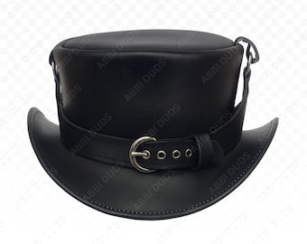 Schwarzer Leder Steampunk Zylinder Hut Gothic Biker Hut mit Schnalle