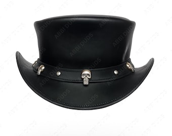 Handmade Black Leather Top Hat – Steampunk Skull Band, Gothic Cosplay