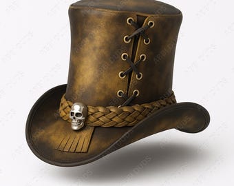 Handgefertigter Zylinderhut aus antikem Goldleder im Korsett-Stil – Steampunk-Totenkopf-Gothic-Viktorianischer Bikerhut