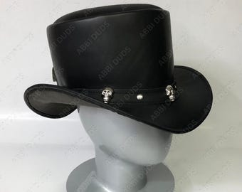 Black Leather Steampunk Top Hat  Gothic Skull Band Handmade Cosplay Hat