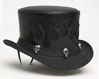 Handgefertigter schwarzer Lederzylinder – Blaue Flammen, Totenkopfband, Steampunk-Biker-Cosplay