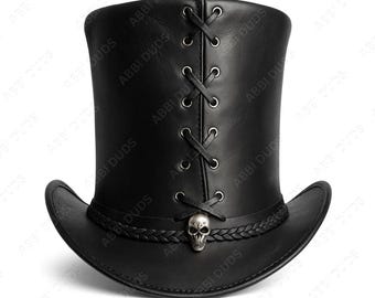 Cappello a cilindro in stile corsetto steampunk in pelle nera - Cappello con teschio gotico