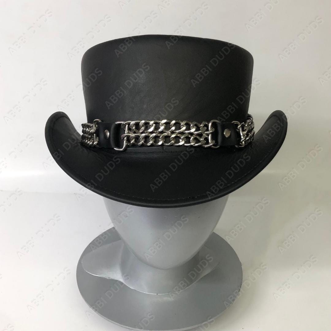 Handmade Black Leather Top Hat With Metal Chain Band 