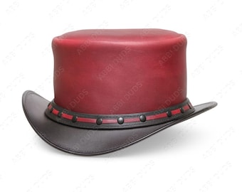 Red and Black Leather Top Hat – Handmade Steampunk Gothic Festival Hat with Studded Band