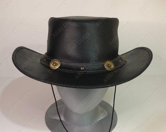 lack Leather Cowboy Hat Handmade Western Outback Concho Hat