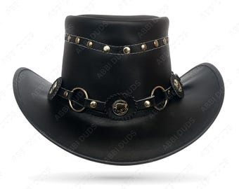 Schwarzer Leder Steampunk Zylinder Handgemachter Gothic Western Hut mit Antiken Messing Conchos