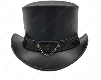 Handgefertigter Steampunk-Zylinder aus Leder: Gotische Kette, viktorianische Federverzierung