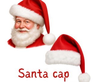 May include: A red Santa cap with white faux fur trim and a white pom-pom. The image also shows a portrait of Santa Claus wearing a similar hat. The words "Santa cap" are written in red.