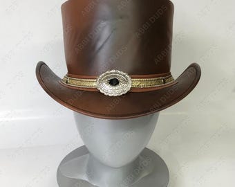 Handgefertigter brauner Lederzylinder: Goldener Hutring, silberne Concho, Steampunk