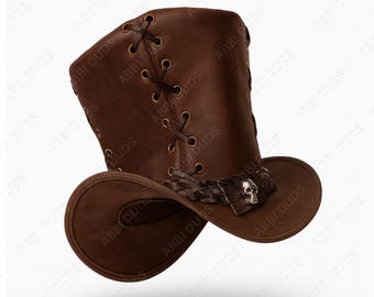 Handgefertigter dunkelbrauner Leder-Zylinder im Korsett-Stil – Steampunk-Gothic-Totenkopf-Festivalhut im viktorianischen Stil