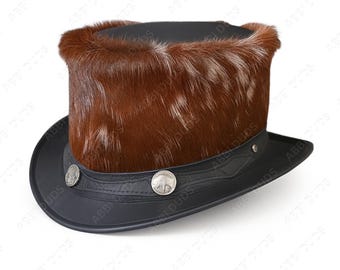 Hair-On-Hide Leather Top Hat Handmade Brown Steampunk Western Hat with Conchos