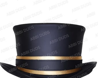 Handmade Black Leather Top Hat, Gold Band, Steampunk Gothic Accessory