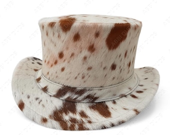 Hair-On-Hide Cowhide Leather Top Hat Handmade White & Brown Steampunk Western Hat