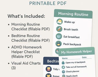 May include: A printable PDF titled "ROUTINE BUNDLE" with checklists for morning, bedtime, and homework routines. Includes visual aid charts. The morning routine checklist shows icons for waking up, brushing teeth, eating breakfast, and packing a backpack.