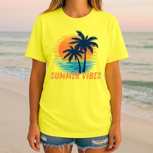 T-shirt aux vibrations estivales rétro | chemise de plage vintage palmier | -shirt océan coucher de soleil | T-shirt unisexe graphique d'été | Chemise de vacances, coupe unisexe