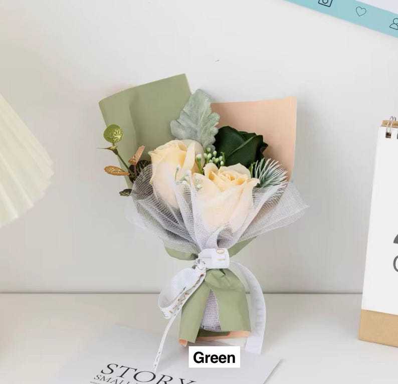 Mini Eternal Rose Bouquet, Artificial Soap Flowers, Small Rustic Flower Arrangement, Gift for Her, Wedding Favor,Mother’s Day, Birthday Gift Green