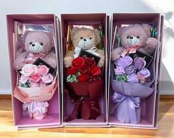 Valentine’s Day Teddy Bear Bouquet–Romantic Rose Flower Box with Plush Bear,Perfect Gift for Her, Girlfriend,Wife|Eternal Soap Flowers