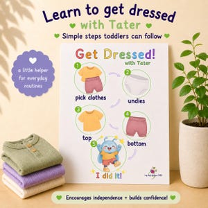 Può includere: Un poster educativo bianco intitolato Get Dressed with Tater che presenta cinque passaggi numerati con illustrazioni di vestiti e un personaggio blu. Il testo include Learn to get dressed with Tater, Simple steps toddlers can follow e I did it.