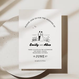 Könnte beinhalten: Eine Hochzeitseinladung mit minimalistischem Design. Die Einladung zeigt den Text "Please join us for the wedding of Emily and Alex" über einer Illustration eines Paares. Das Datum ist der 15. Juni 27.