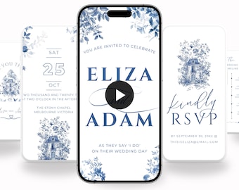 Blue Chinoiserie Toile Wedding Video Invitation Template (Digital Download)