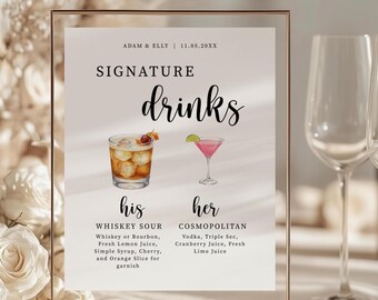 Plantilla editable para letrero de boda con bebidas de autor (descarga digital)