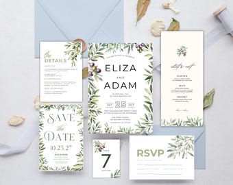Olive Hochzeitseinladung Set Vorlage Greenery Canva Set bearbeitbar einladen, Antwortkarte, rustikale Boho druckbare Hochzeitsvorlagen