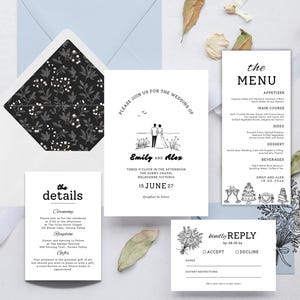 Suite de faire-part de mariage classique en noir et blanc, élégant ensemble minimaliste à imprimer, modèles de mariage intemporels