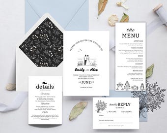 Classic Black and White Wedding Invitation Suite Elegant Minimalist Printable Set Timeless Wedding Templates