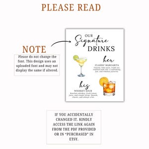 K&ouml;nnte beinhalten: Ein wei&szlig;es Schild mit dem Text &bdquo;BITTE LESEN&ldquo; oben. Das Schild zeigt einen Abschnitt mit dem Titel &bdquo;Signature Drinks&ldquo; mit den Getr&auml;nkeoptionen &bdquo;her&ldquo; und &bdquo;his&ldquo;: Classic Margarita und Whiskey Sour. Zus&auml;tzlicher Text enth&auml;lt Anweisungen.