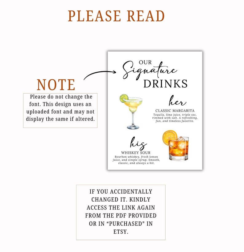 K&ouml;nnte beinhalten: Ein wei&szlig;es Schild mit dem Text &bdquo;BITTE LESEN&ldquo; oben. Das Schild zeigt einen Abschnitt mit dem Titel &bdquo;Signature Drinks&ldquo; mit den Getr&auml;nkeoptionen &bdquo;her&ldquo; und &bdquo;his&ldquo;: Classic Margarita und Whiskey Sour. Zus&auml;tzlicher Text enth&auml;lt Anweisungen.