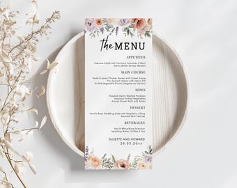 Pastel Spring Wedding Menu Template, Soft Floral Design, Editable Digital Download, Elegant Reception Dinner Menu Printable