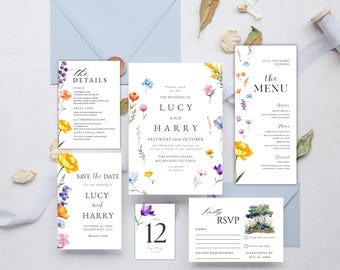 Wildflower Wedding Invitation Suite Boho Floral Wedding Template Editable Rustic Wedding Invite Set Printable Instant Download
