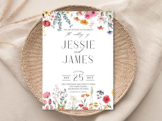 Wildflower Wedding Invitation Template: Boho Floral Canva Design (Digital Download)