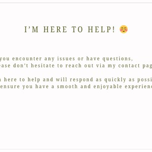 K&ouml;nnte beinhalten: Wei&szlig;e Karte mit gr&uuml;n-braunem Text. Der Text lautet "I'M HERE TO HELP!" mit einem l&auml;chelnden Emoji. Zus&auml;tzlicher Text bietet Kundensupport, fordert zur Kontaktaufnahme bei Problemen auf und verspricht ein reibungsloses Erlebnis.