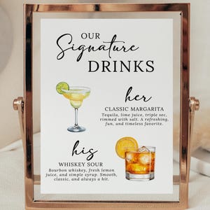 K&ouml;nnte beinhalten: Ein gerahmtes Schild mit der Aufschrift "Unsere Signature Drinks" und Illustrationen einer Margarita und eines Whiskey Sour. Das Schild enth&auml;lt die Beschreibungen der Getr&auml;nke.