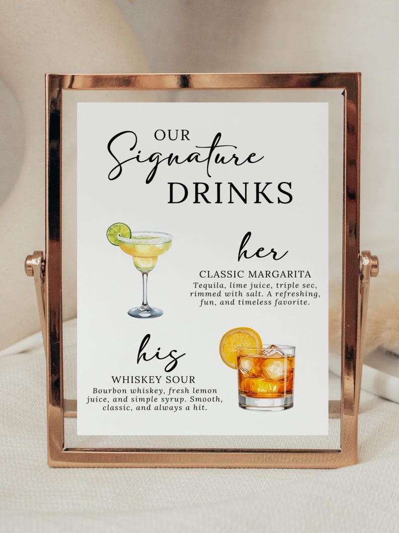K&ouml;nnte beinhalten: Ein gerahmtes Schild mit der Aufschrift "Unsere Signature Drinks" und Illustrationen einer Margarita und eines Whiskey Sour. Das Schild enth&auml;lt die Beschreibungen der Getr&auml;nke.
