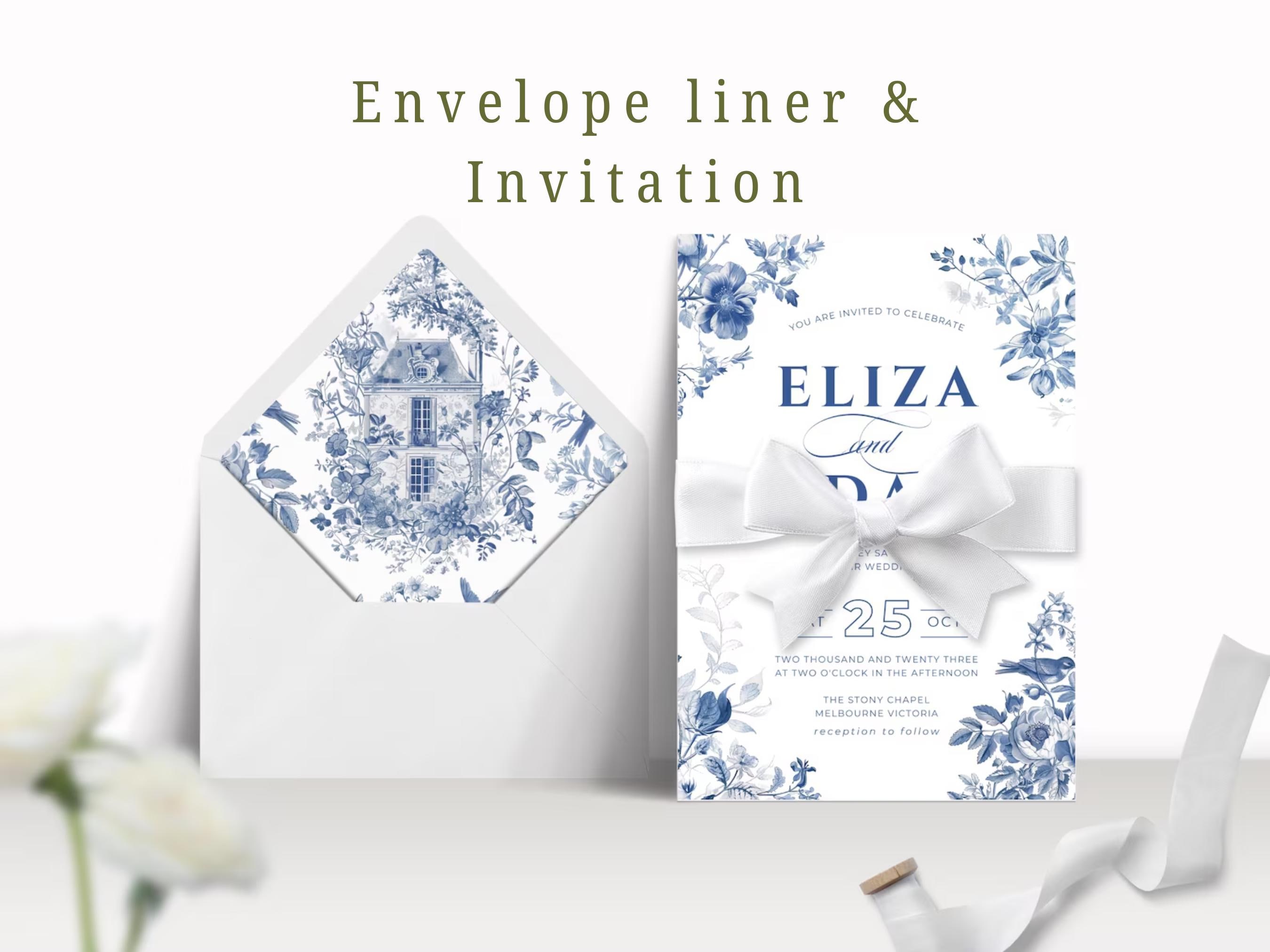 Modello per fodera per busta da matrimonio in toile de chine blu, stampabile, elegante inserto per cancelleria da matrimonio francese, download immediato
