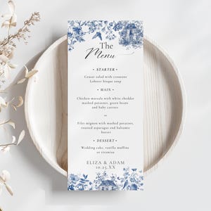 Toile Wedding Menu Template Printable Blue Chinoiserie Menu Card Elegant French Wedding Dinner Menu Editable Digital Download
