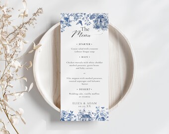 Toile Wedding Menu Template Printable Blue Chinoiserie Menu Card Elegant French Wedding Dinner Menu Editable Digital Download
