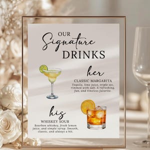 May include: A framed sign with the words "Our Signature Drinks" in elegant script. The sign features watercolor illustrations of a margarita and a whiskey sour, with their ingredients listed below. The sign is in a gold frame.